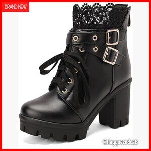 Goth Platform Ankle Boots Chunky Heels Lace Buckle Zipper Punk Shoes